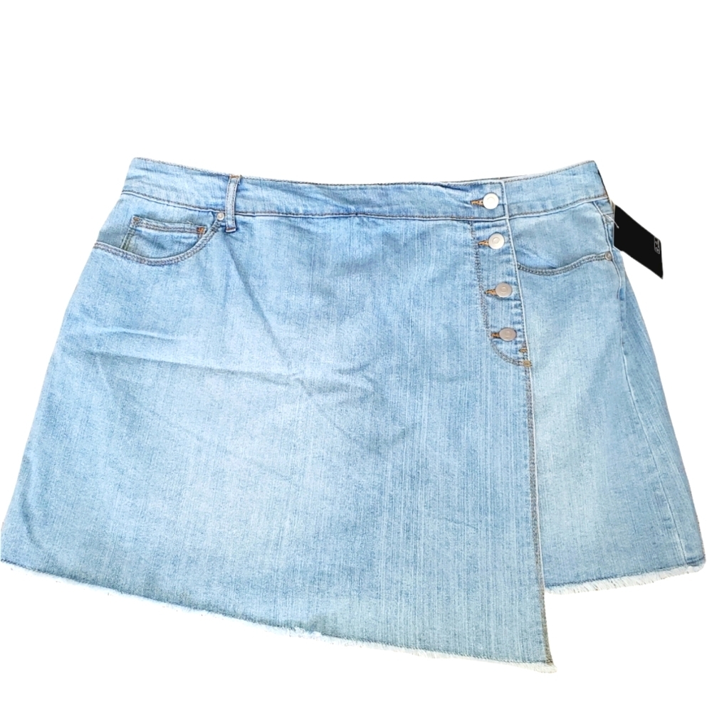 Energie NEW Denim Wrap Mini Skirt Size 13 Blue Jean Asymmetrical Side Button